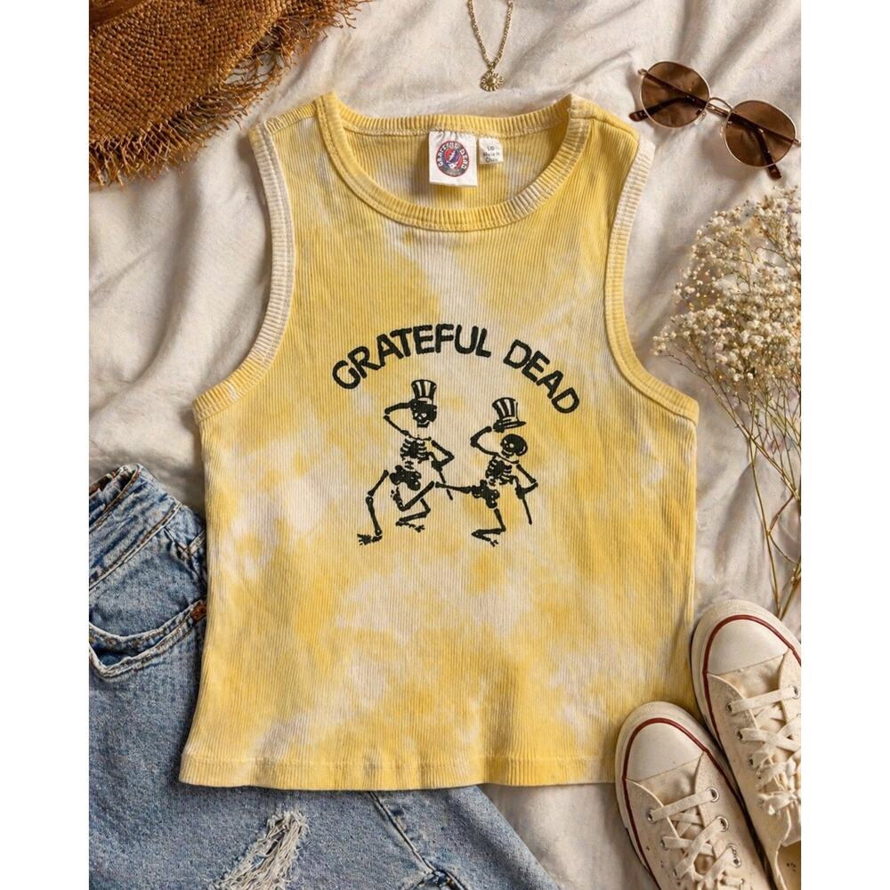 Grateful Dead Tie Dye Ribbed Tank Top Large Yellow Sleeveless Y2K Festival